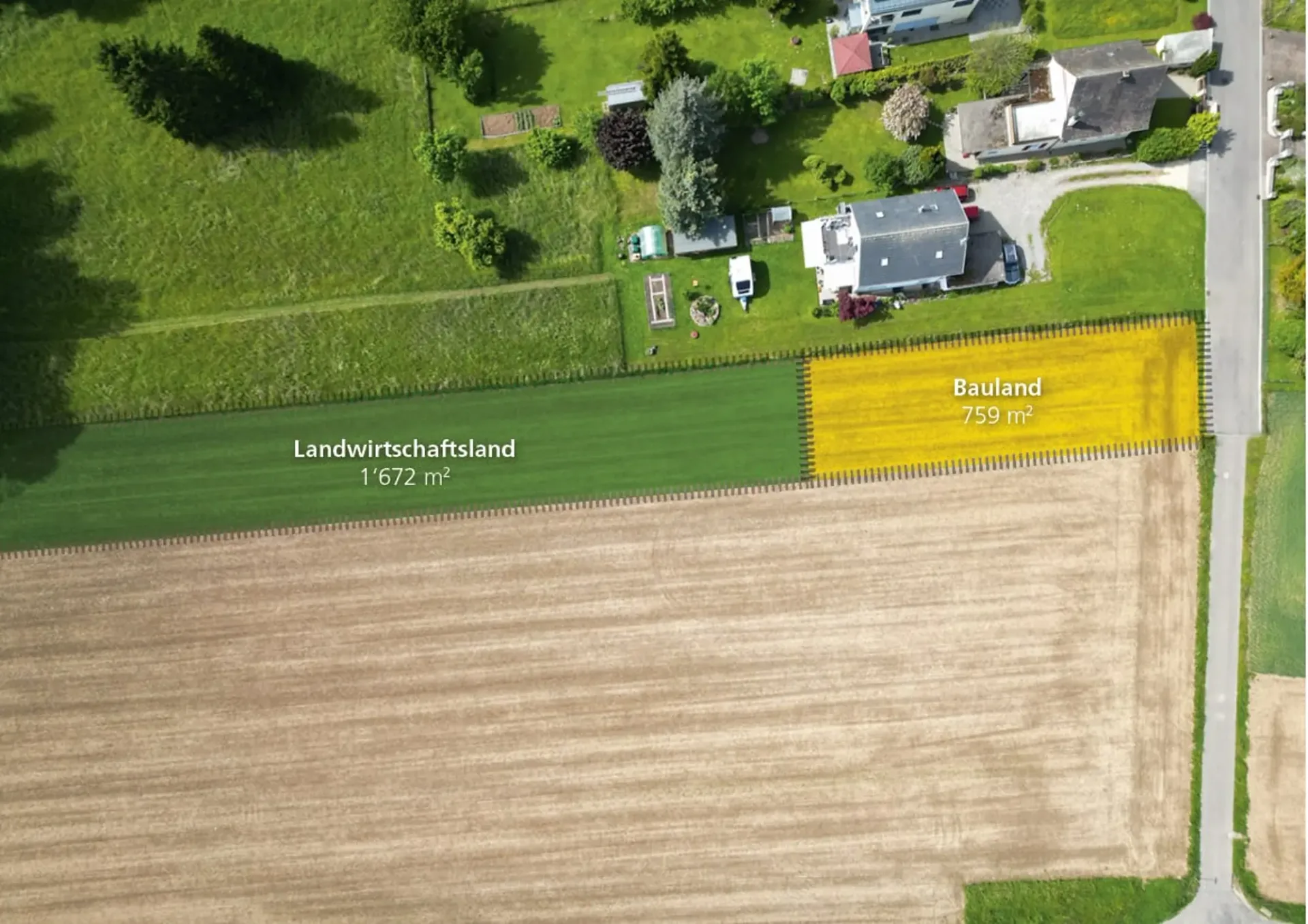 Exklusives Bauland (759 m2) am Rand der Bauzone – plus 1’672 m2 Landwirtschaftsland