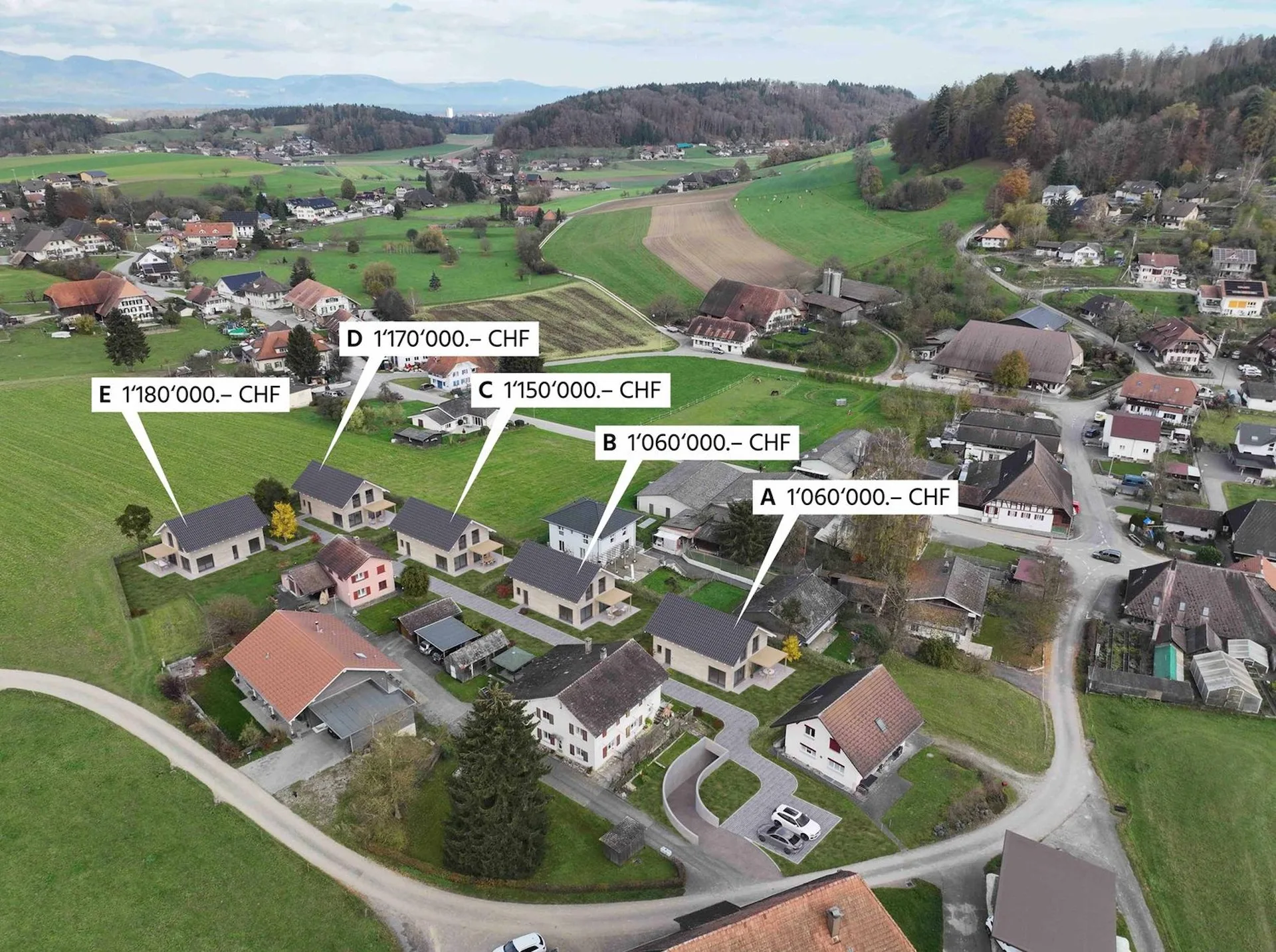 Neubau von 5 EFH mit inkl. je 2 Einstellhallenplätze ab1'060'000 Sfr.