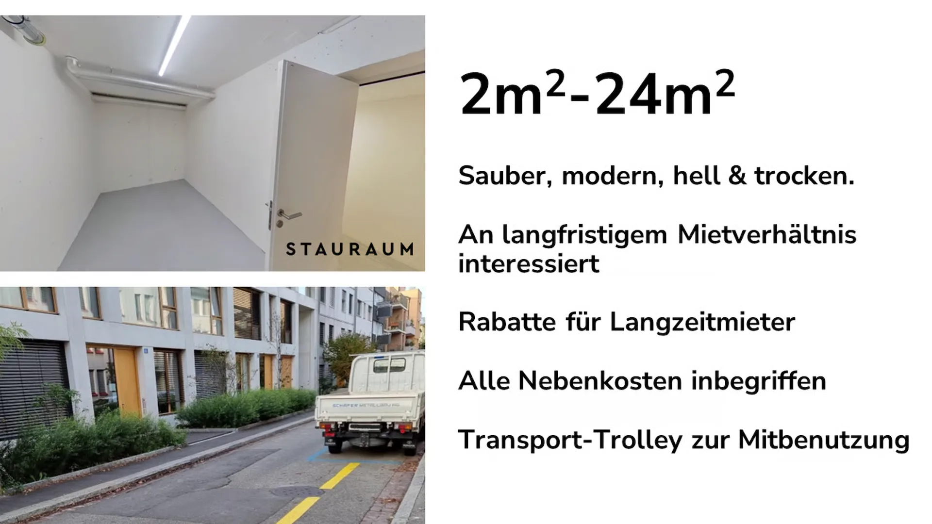 Locaux de stockage 6m2 et 16m2. Simple, moderne et sec.