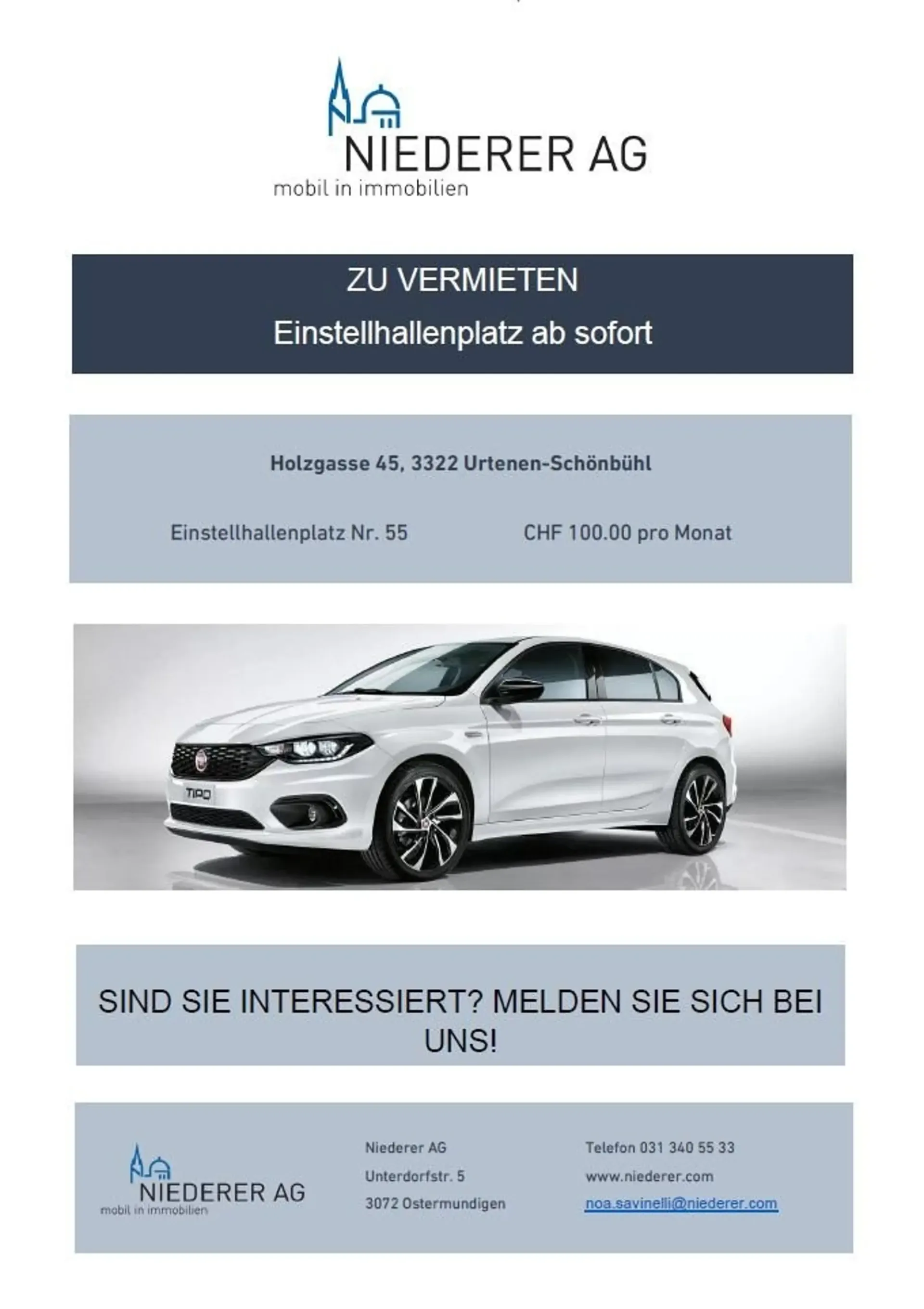 Einstellhalle ab sofort für CHF 100.00 verfügbar