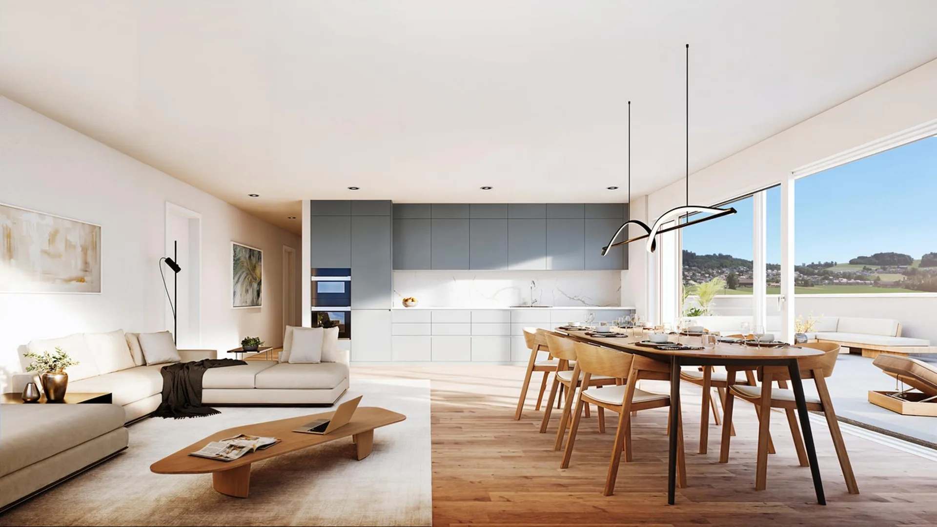 5,5 Zimmer neues Appartement von 131m2, Südost-Terrasse von 95m2, Blick auf die Alpen