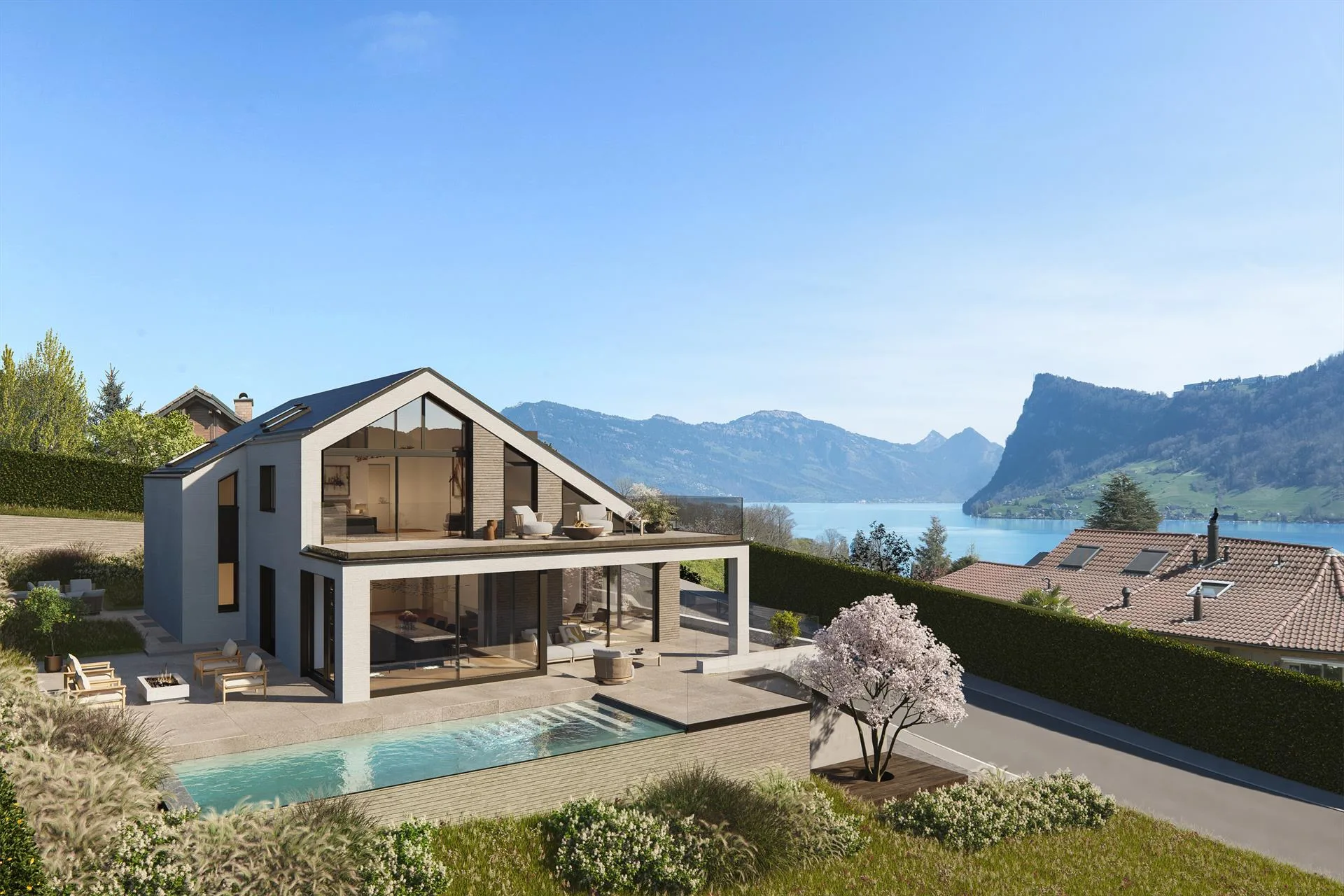 Panoramavilla in Kastanienbaum: Exklusiver Ausbau, Seeblick, Pool & Pr