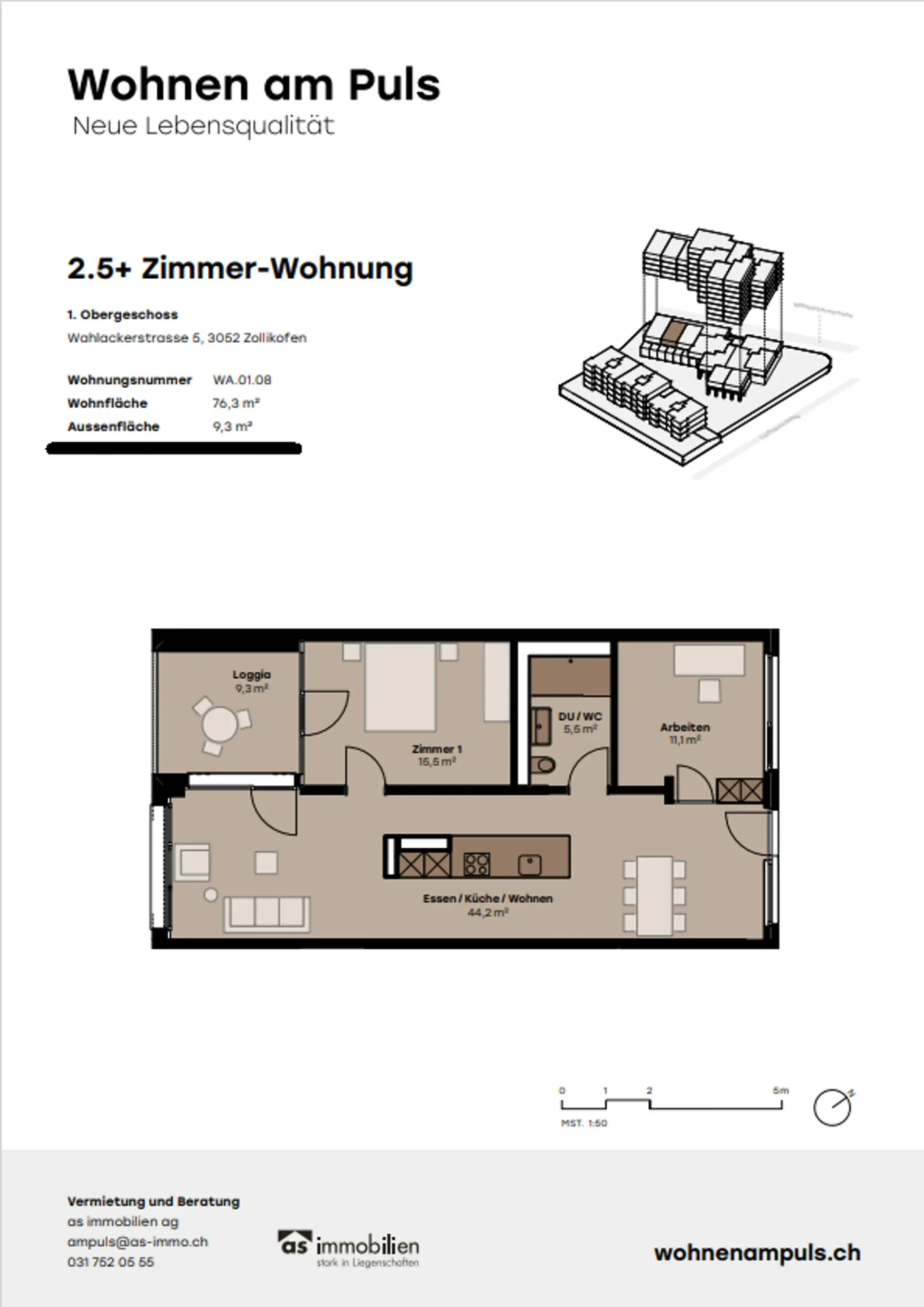 Moderne 2.5-Zimmer-Wohnung in Zollikofen – Neubau mit Balkon und Tiefgarage