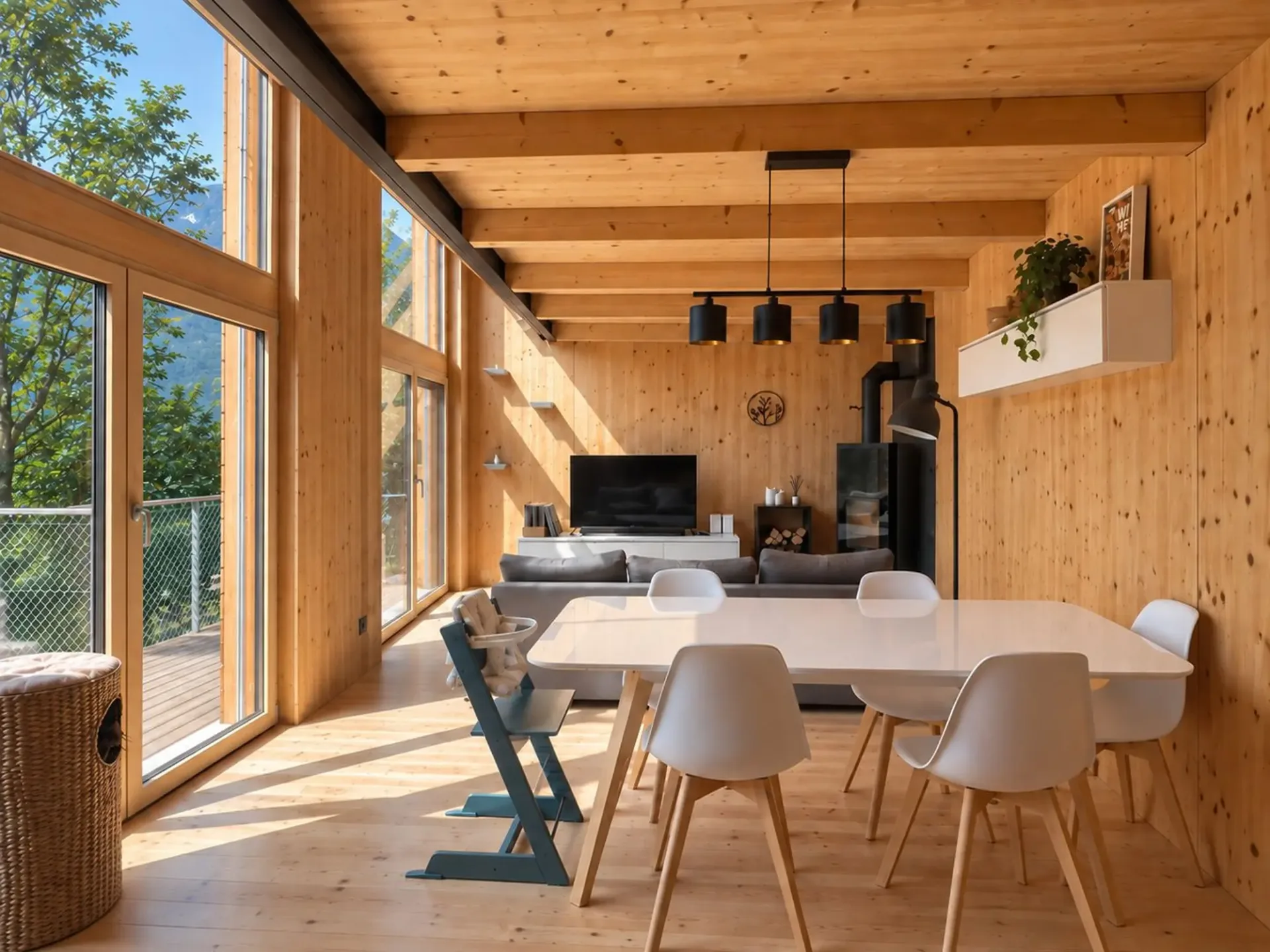 Maison moderne en bois avec de grandes fenêtres donnant sur le verdure