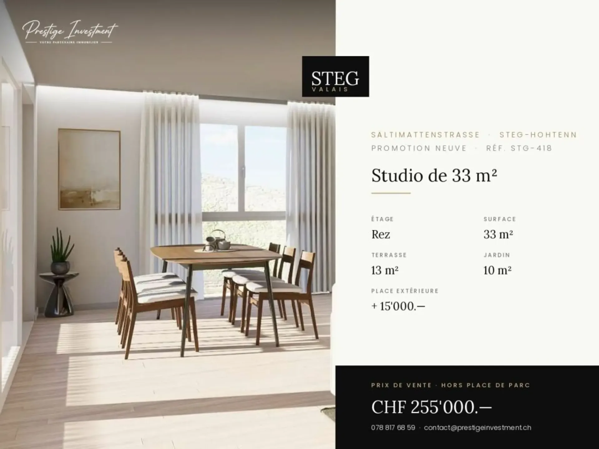 STEG 1,5 Zimmer (Studio) · Wohnfläche 33 m² · Balkon 13 m² · Garten 10 m² · Erdgeschoss · Fertigstellung April 2028 · Preis CHF 255'000.-