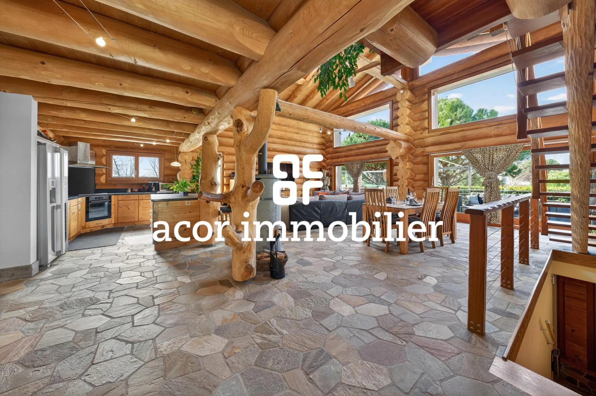 Wooden log cabin in Canadian chalet style