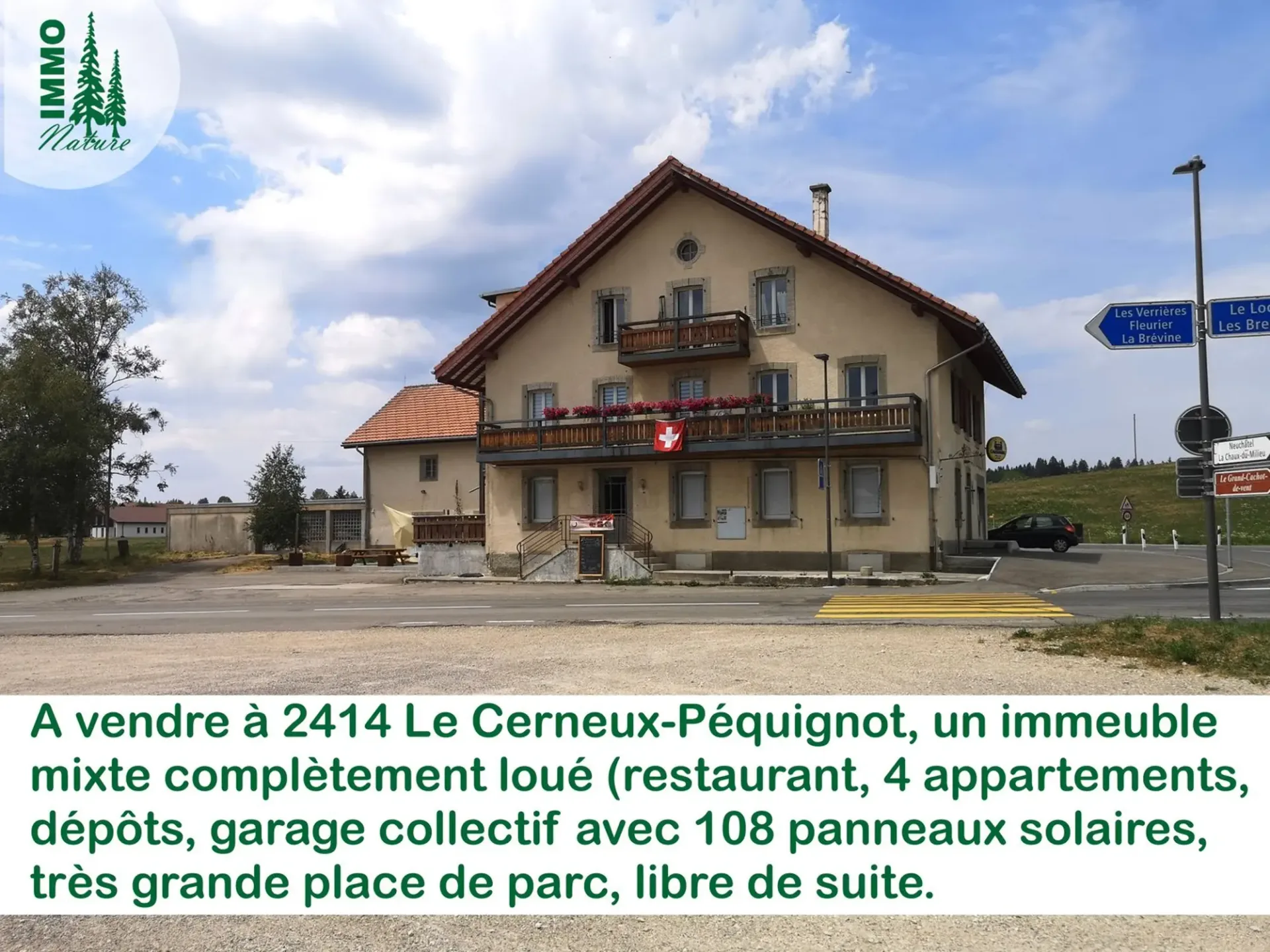Mixed building with restaurant, 4 apartments, storage rooms, collective garage, solar panels