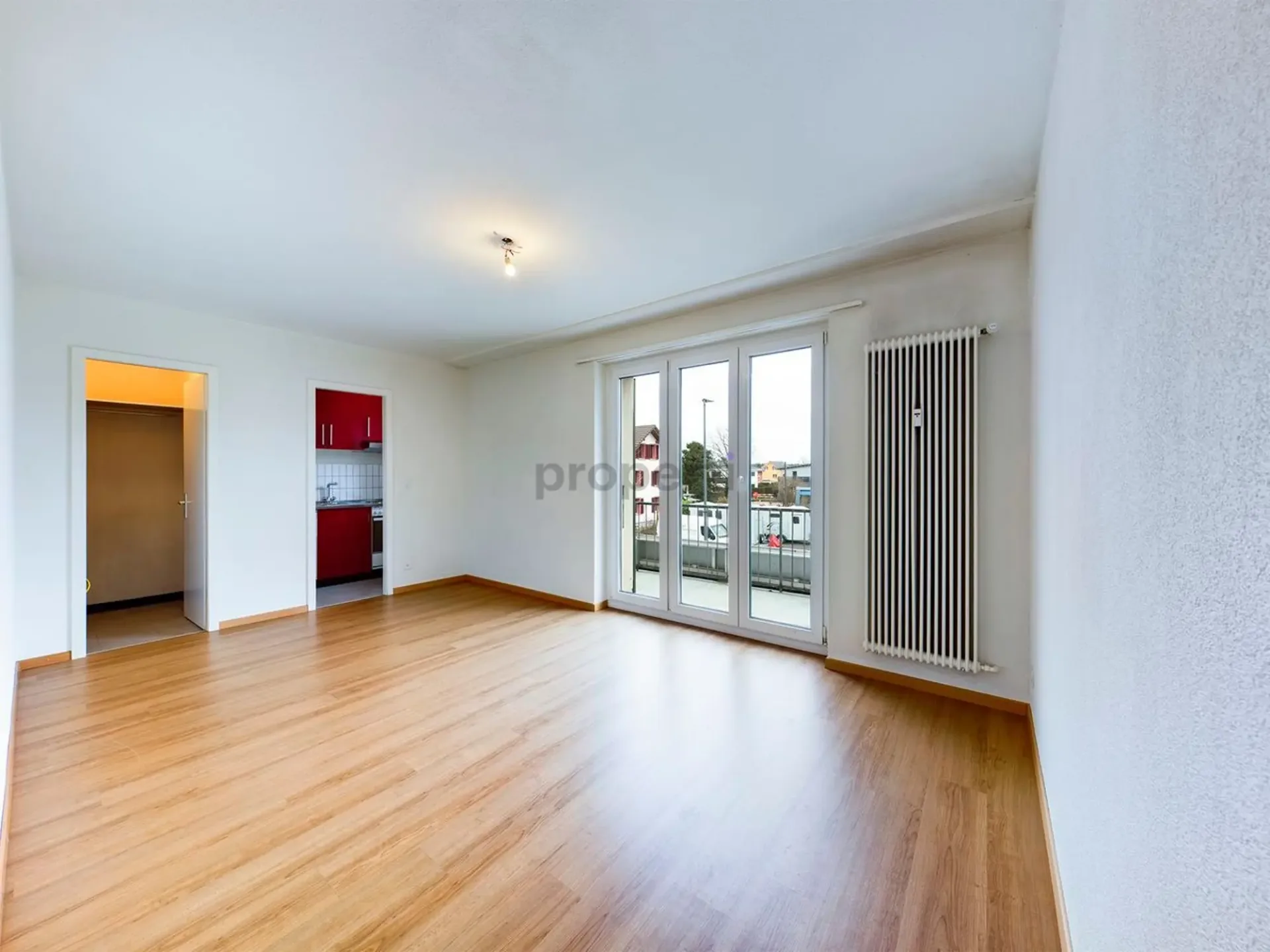 Zona living luminosa, balcone accogliente e concetto di cucina separata