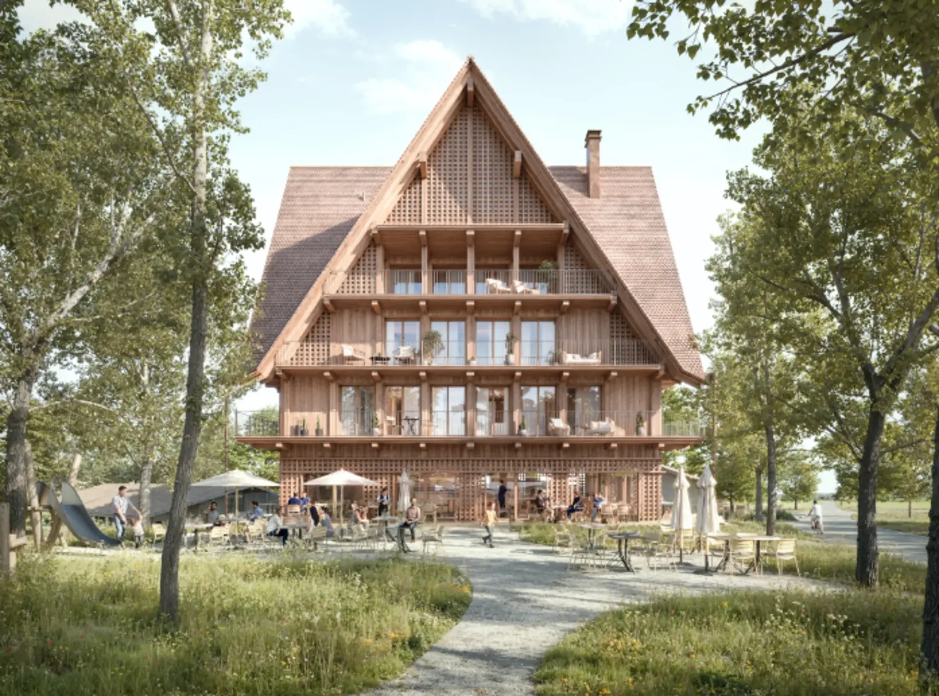 Neubau Restaurant Schützen Unterägeri mit Terrasse im Freizeit- und Naherholungsgebiet