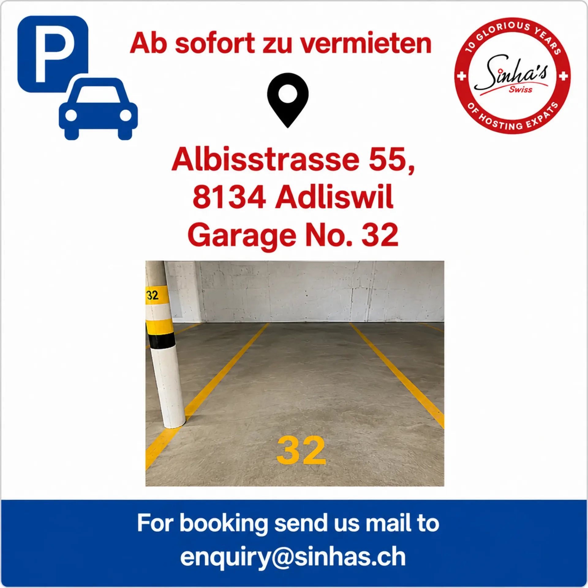 Parkplatz in einer überdachten Garage in der Albisstrasse 55, Adliswil, zur Miete verfügbar